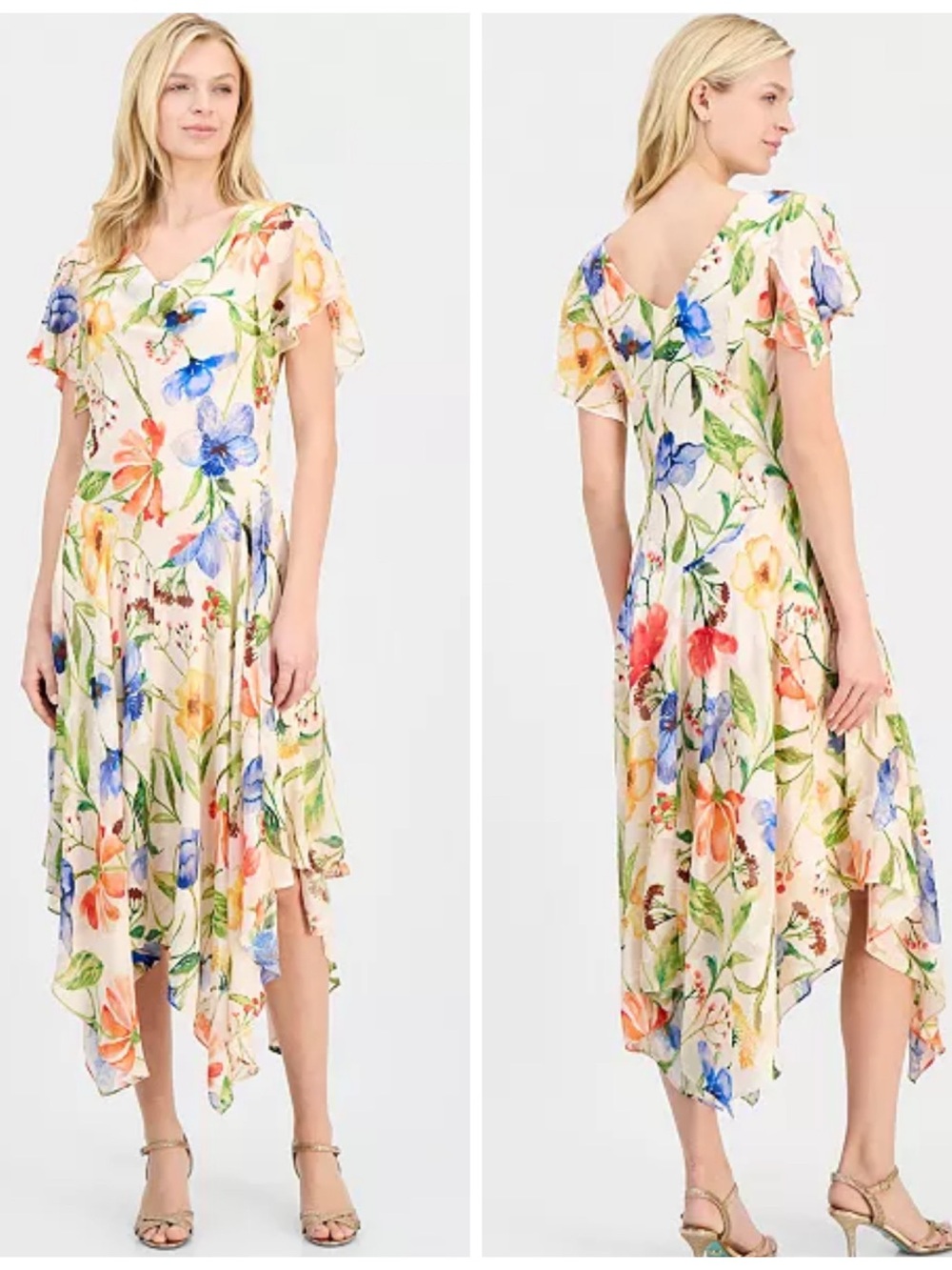 Robbie Bee Floral Handkerchief-Hem Dress in Multi-Color (blue, orange, green)